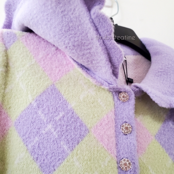 ZARA Pastel Argyle Polo Short Sleeve Sweater,Rhinestone Buttons,Wide Collar, NWT - Picture 5 of 9